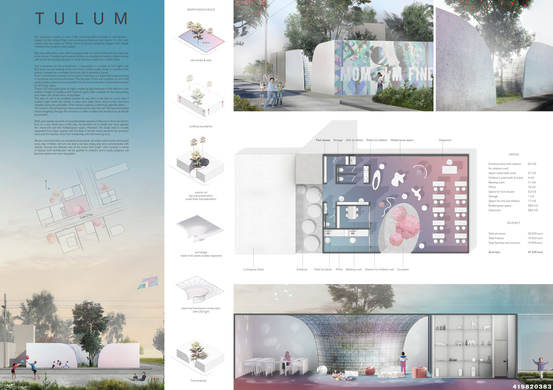 Tulum Plastic School architectural sheet with cool color palette showing renders, concept, and construction drawings