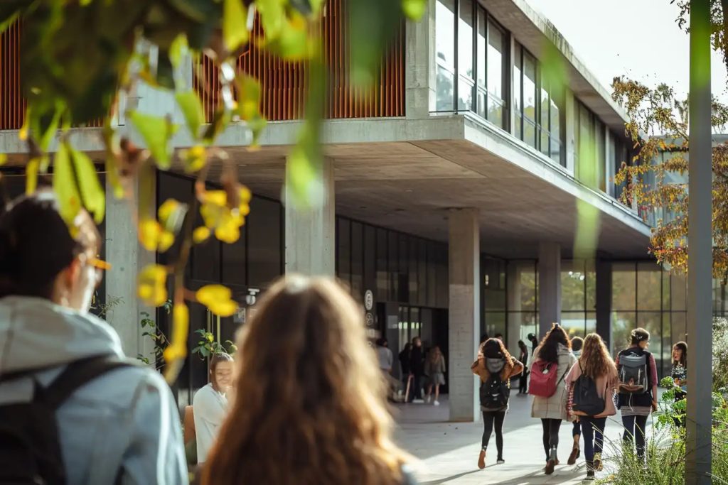 architectural school exterior with students looking at the building
