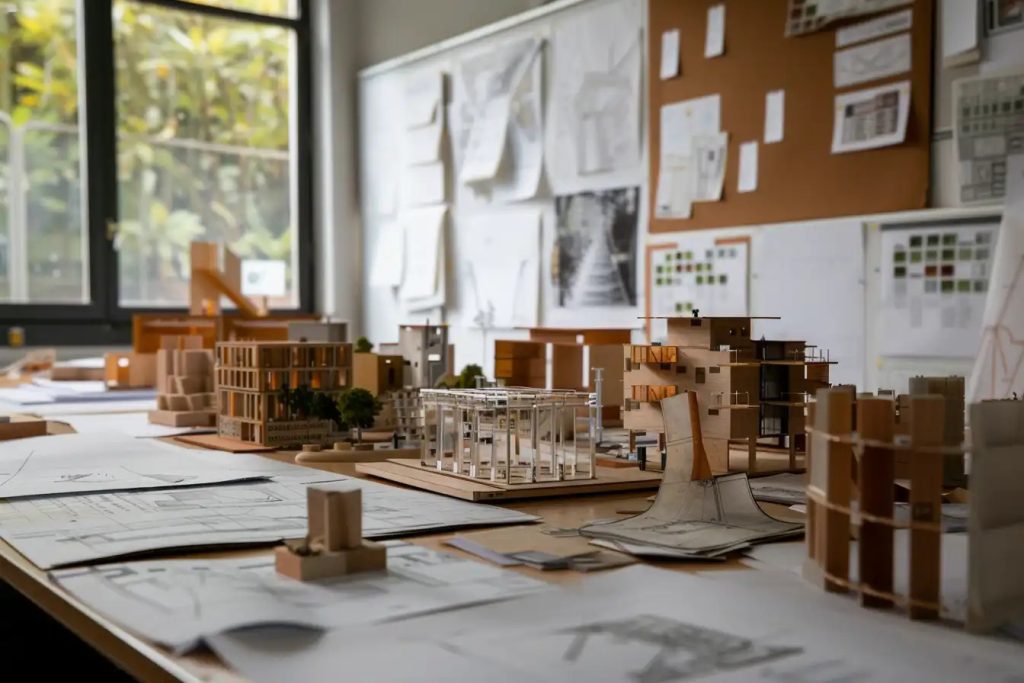 architecture student reviewing project drawings and building models