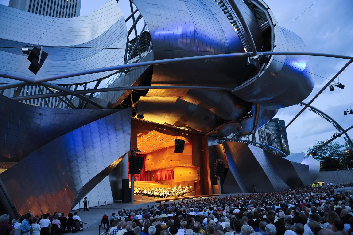 Jay Pritzker Pavilion detail showing Frank Gehry's innovative stainless steel trellis system