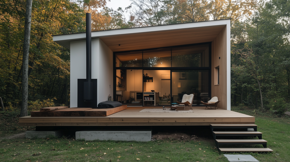 A modern cabin nestled in the woods, featuring a spacious deck surrounded by trees.