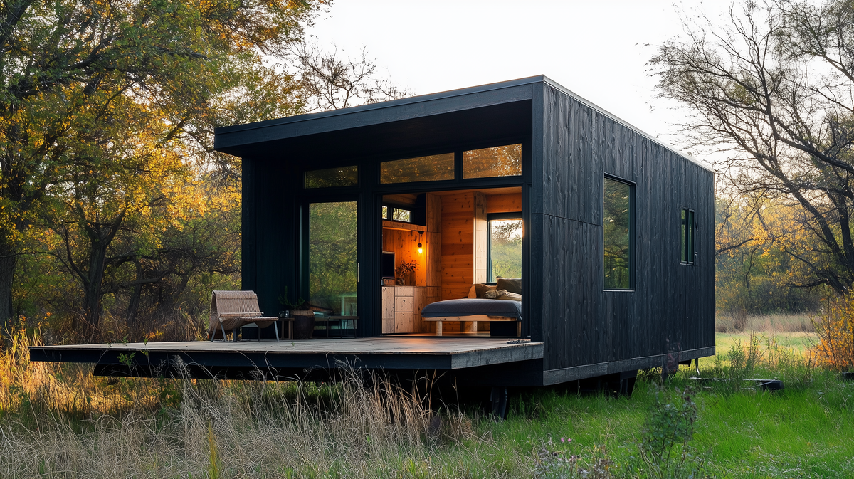 A charming tiny house located in the middle of a lush field, emphasizing its simplicity and connection to nature.