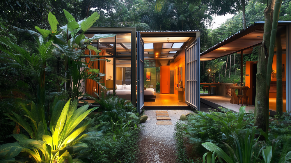A quaint house nestled in a lush jungle, with thick greenery enveloping the structure.