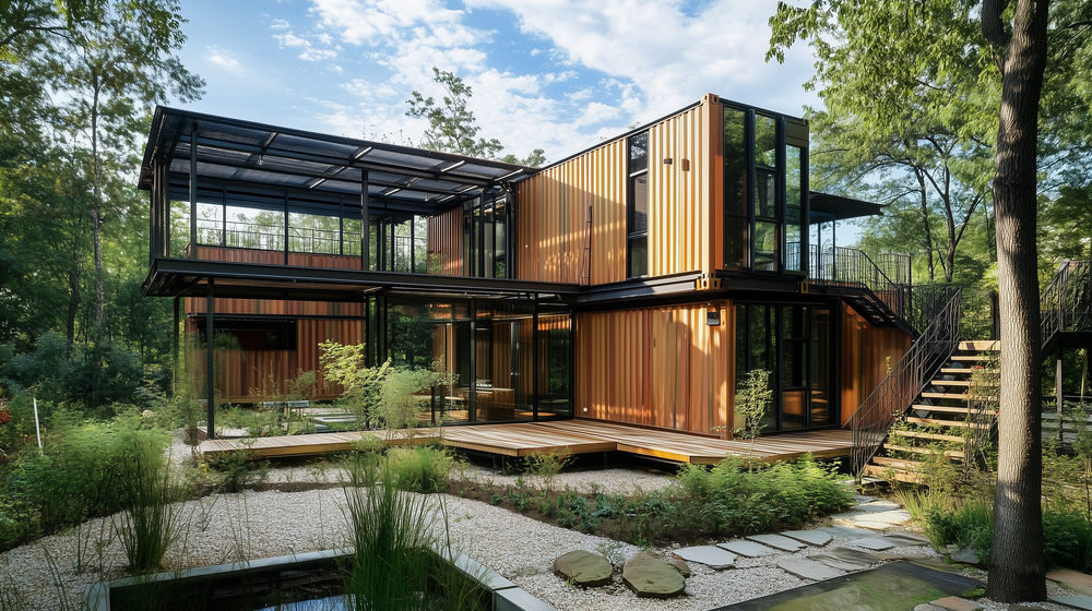 A small house surrounded by dense jungle foliage, showcasing vibrant green plants and trees.