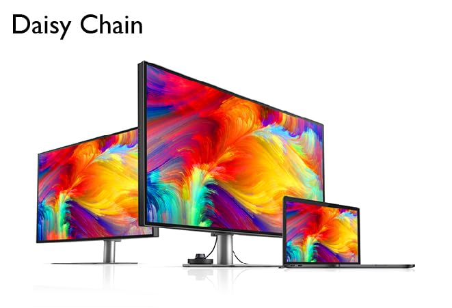 A daisy chain monitor setup displaying multiple screens connected in a series for extended workspace.