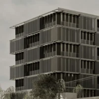 Vertical metal louver facade detail at Corporativo MGP by Sensorial Arquitectura