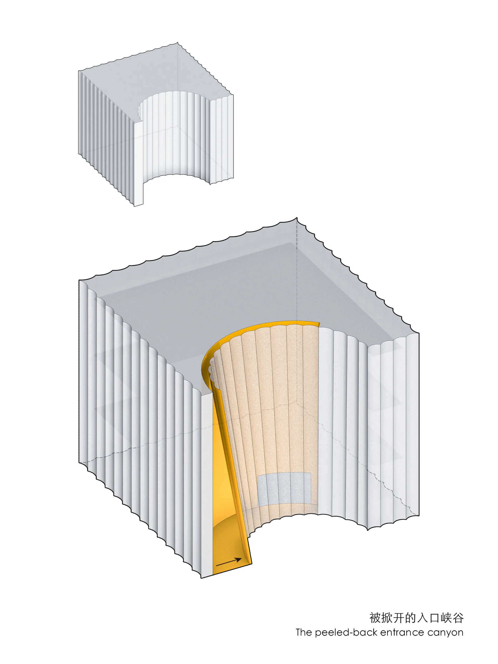 Diagram of the peeled-back entrance canyon carved into Hangzhou Empathy Museum's facade by TAO