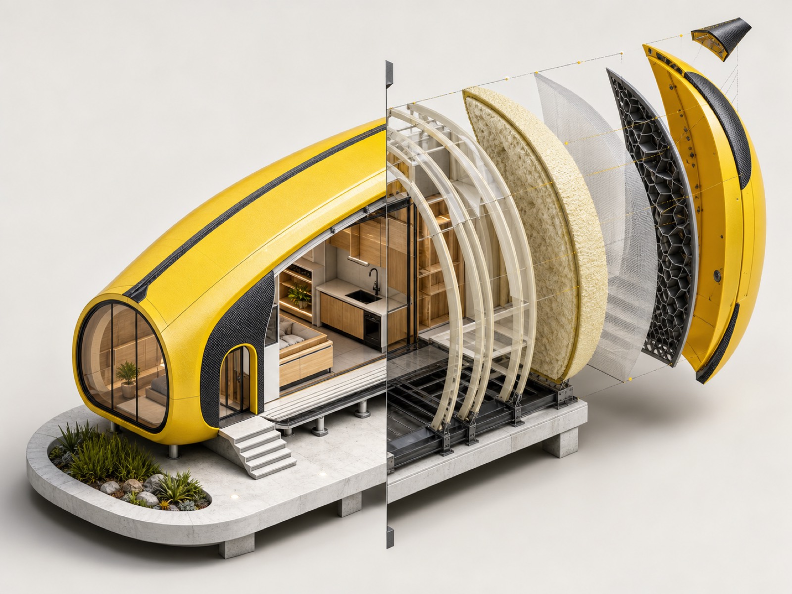 Axonometric concept diagram of a nano banana prompt micro-housing unit