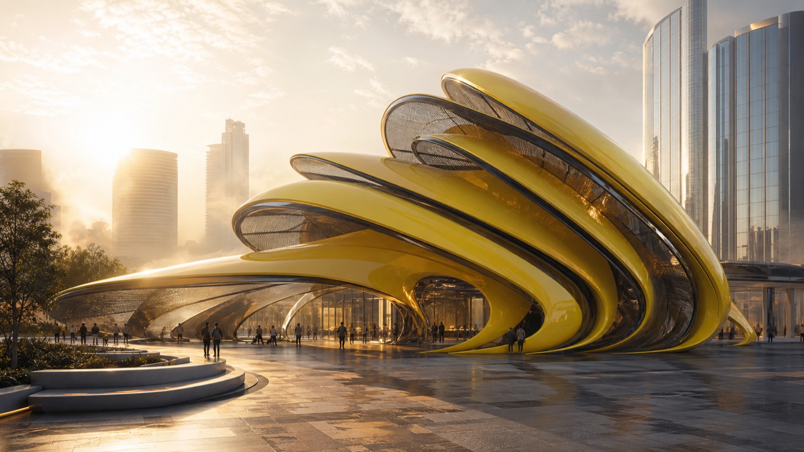 Exterior hero shot of a nano banana prompt parametric pavilion