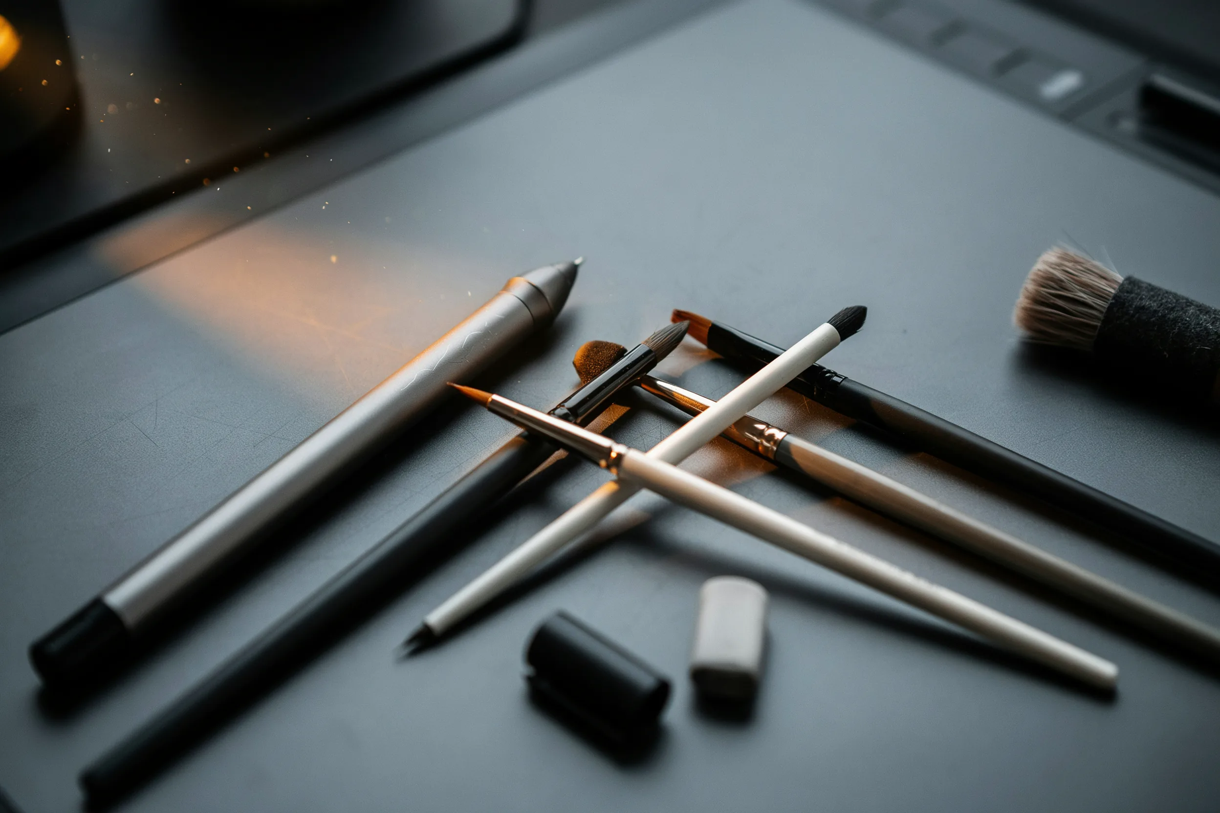 Close-up of basic pens and brushes for digital art.