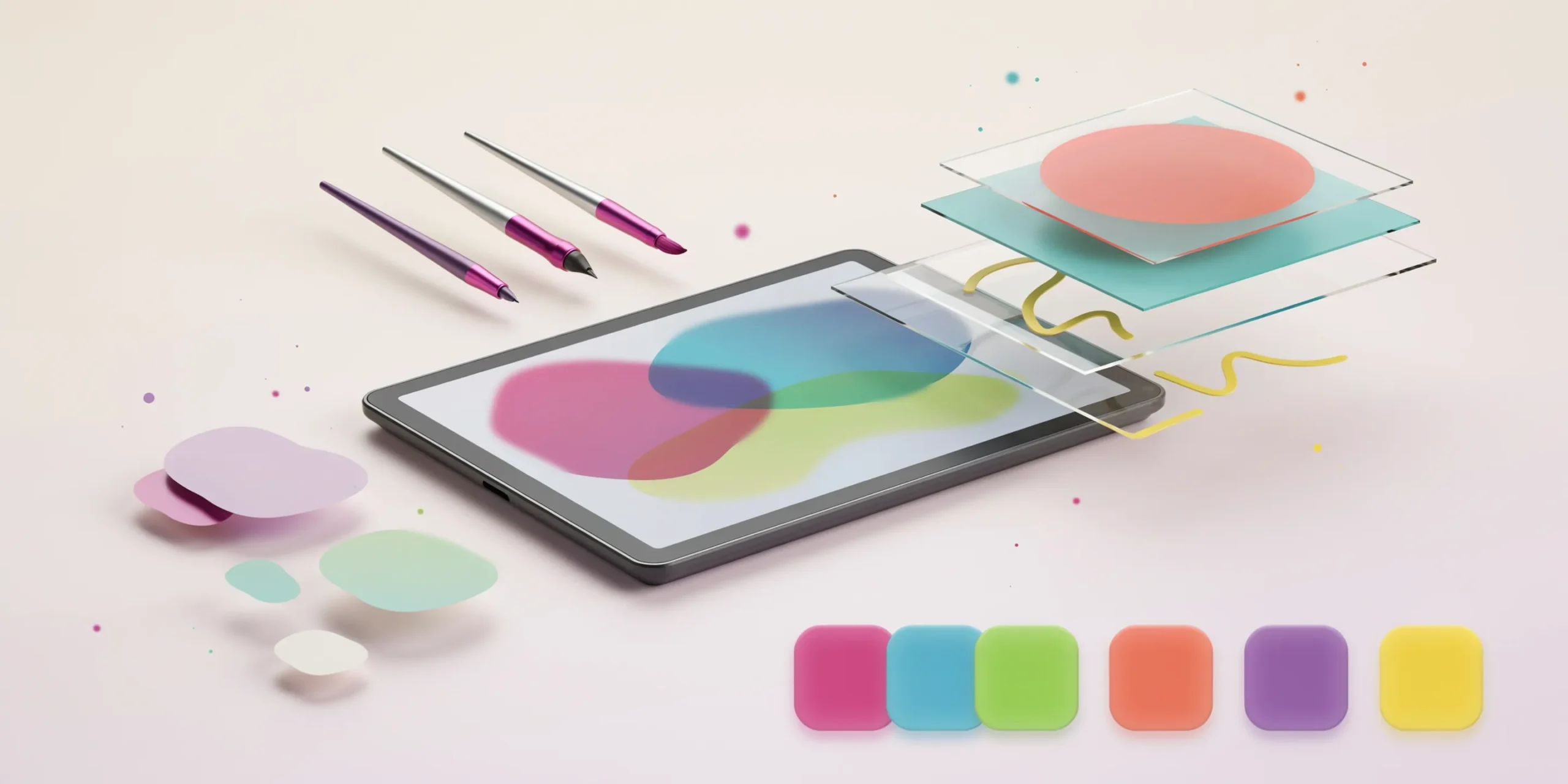 A vibrant illustration of digital art techniques with graphics tablet and brushes.