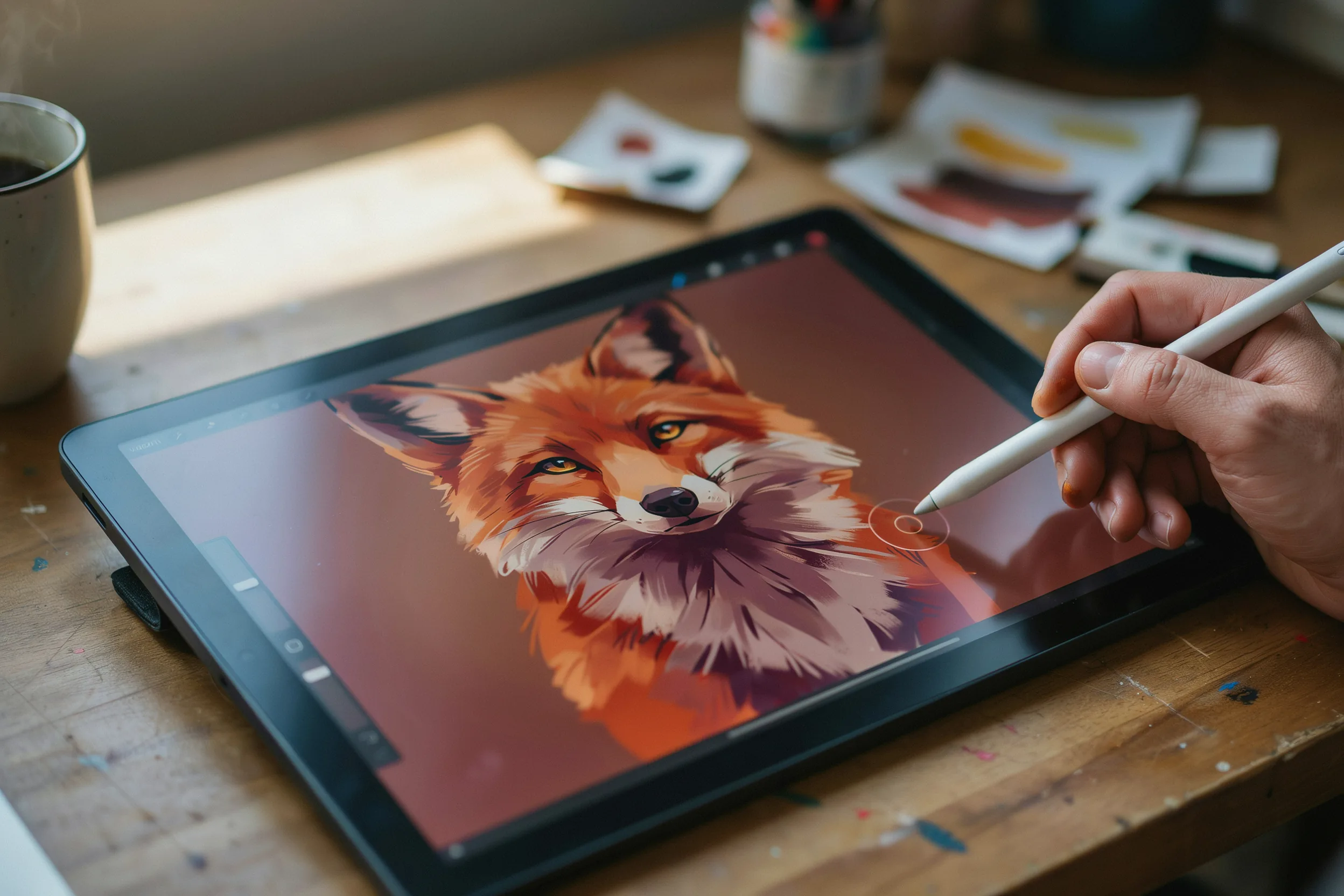 Close-up of a vibrant digital painting on a graphics tablet.