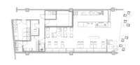 Floor plan of the elongated Basics Coffee unit by archicraft, with back-of-house rooms, the long service counter and window-side seating