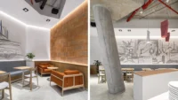 Diptych of Basics Coffee: banquette seating with orange armchairs under a cove-lit terracotta wall, and the concrete column beside the counter with the mural behind