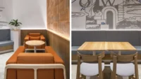 Diptych of Basics Coffee: an orange sofa and round oak table in the corner banquette, and a light oak table with two cane-seat chairs against a grey bench