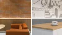 Diptych of Basics Coffee: detail of the ribbed terracotta brick wall above an orange sofa, and a branded cup on the oak counter in front of the mural