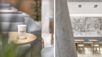 Diptych of Basics Coffee: a branded cup on a round oak side table beside a grey quilted banquette, and the concrete column framing bar stools at the window counter