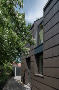 Side approach to the Cottage along a stone path, with blossom overhanging the faceted dark shingle facade and its angled windows