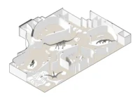 Axonometric cutaway drawing of the Dinosauria Museum Prague layout by archicraft, showing the curved exhibition rooms and the position of each skeleton