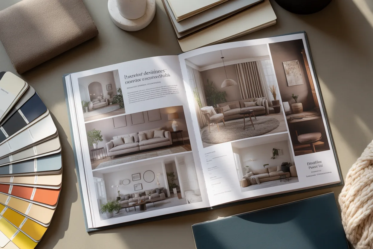 Interior designer portfolio open to several contrasting room schemes