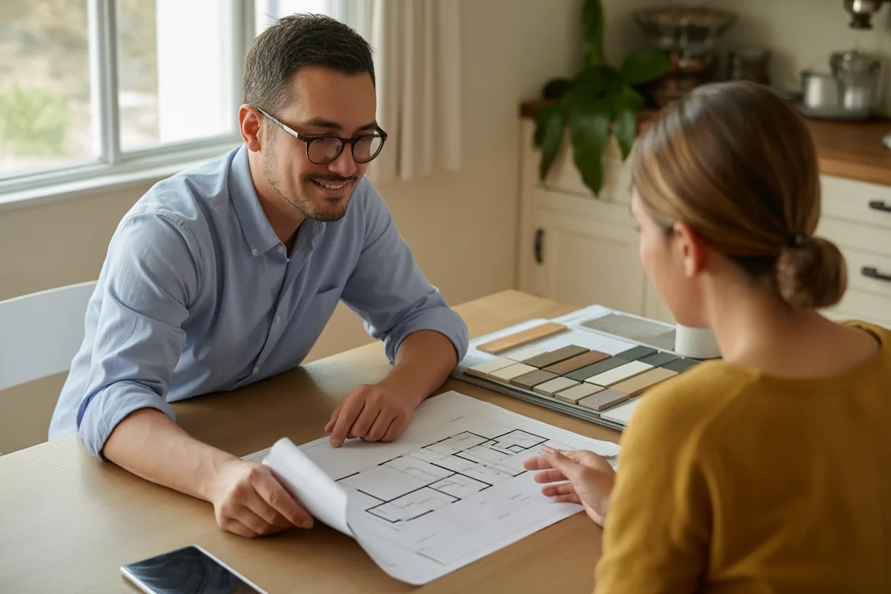Designer and homeowner reviewing a floor plan and materials board together