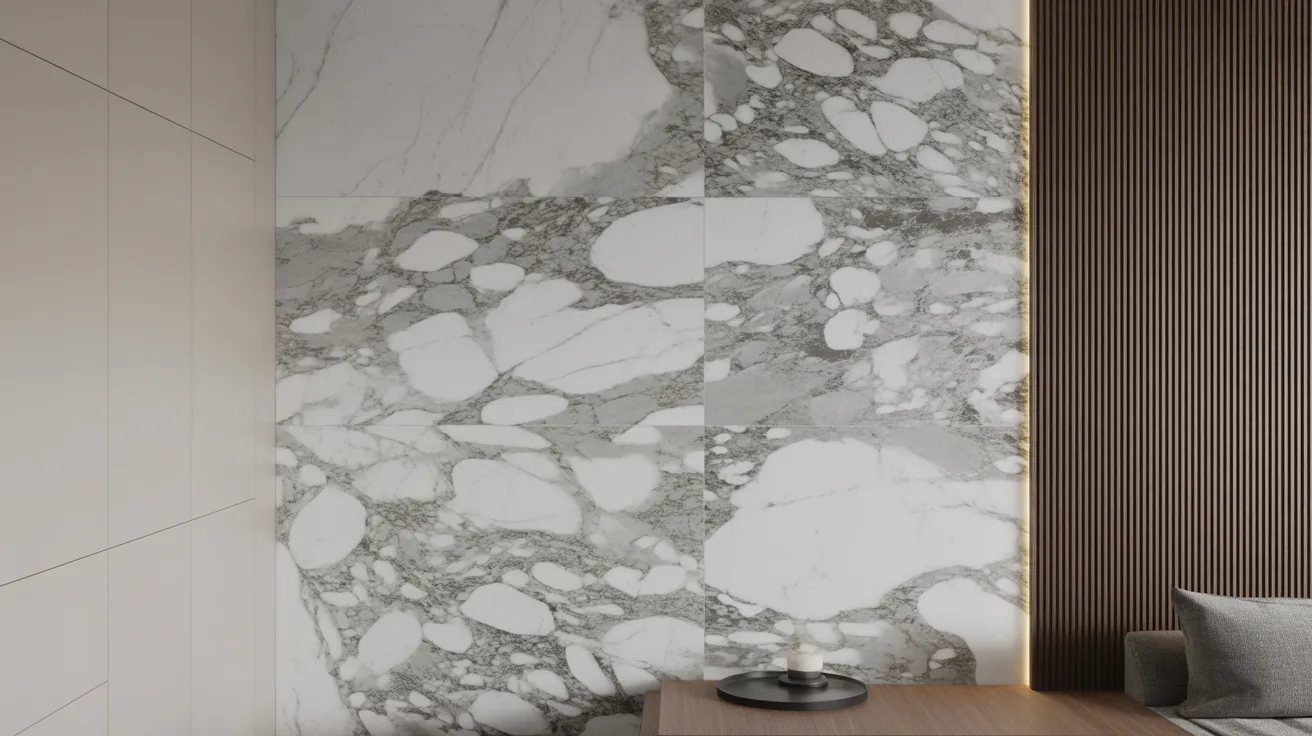 Room corner with a marble feature wall and minimalist furniture