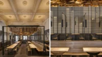 Diptych of Masaryčka Restaurant: the communal tables under the ceiling installation in the coffered historic hall, and a detail of the slatted screen and bench