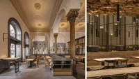 Diptych of Masaryčka Restaurant: the historic hall with its Corinthian column and service counter, and the slatted screens over the communal tables