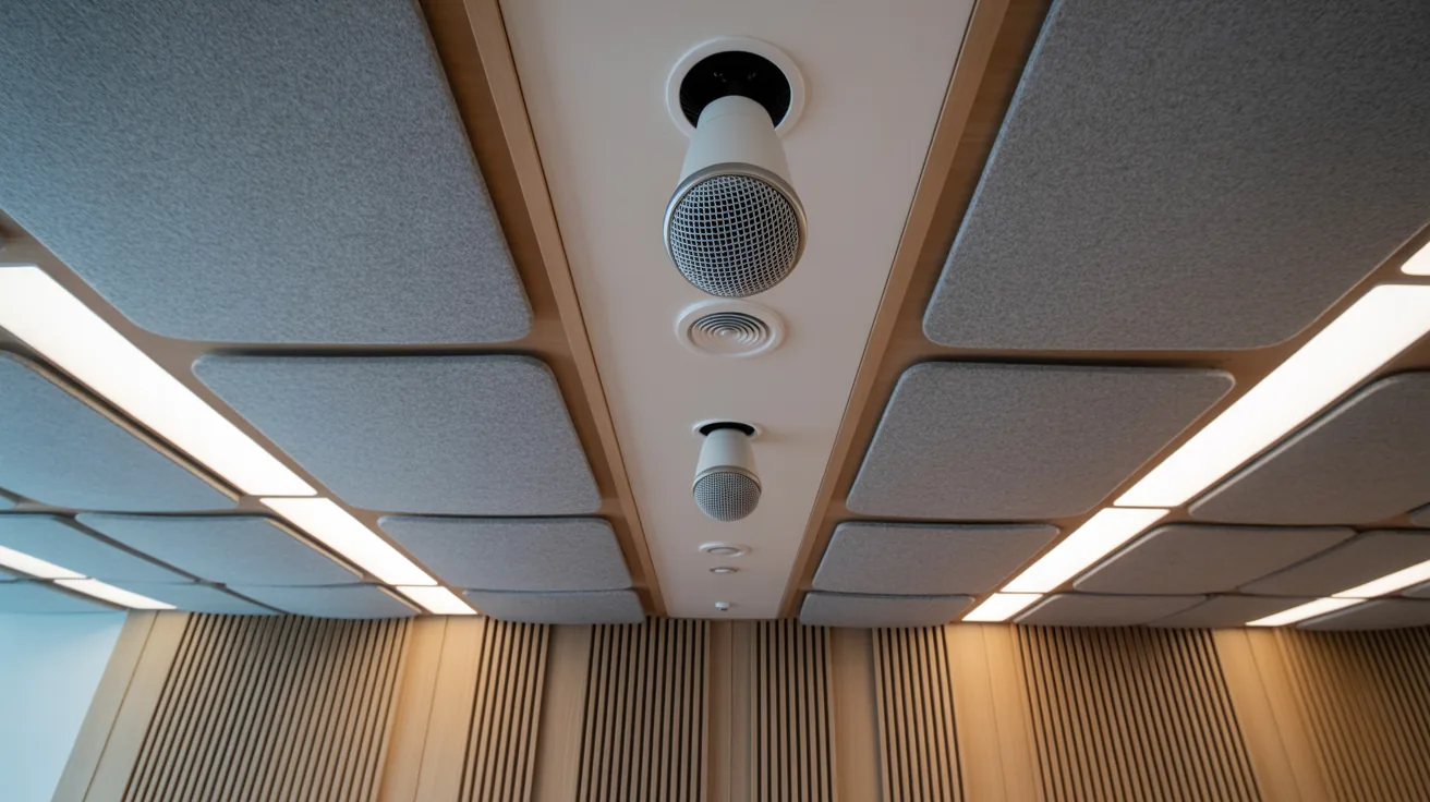 Ceiling microphone array and acoustic wall panels in a meeting room designed for speech clarity