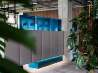 Detail of glossy blue metal shelving above grey upholstered panels, framed by foliage, at Office That Breathes