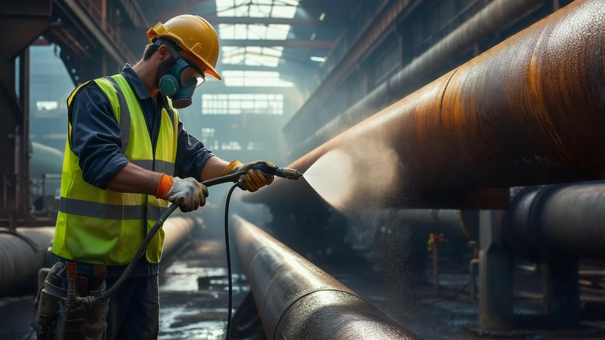 Technician applying protective anti-corrosion coating to a steel pipeline