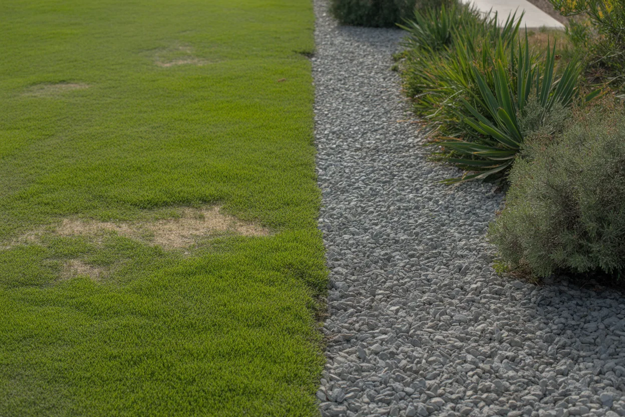 Stressed natural lawn beside a water-wise native garden in Los Angeles