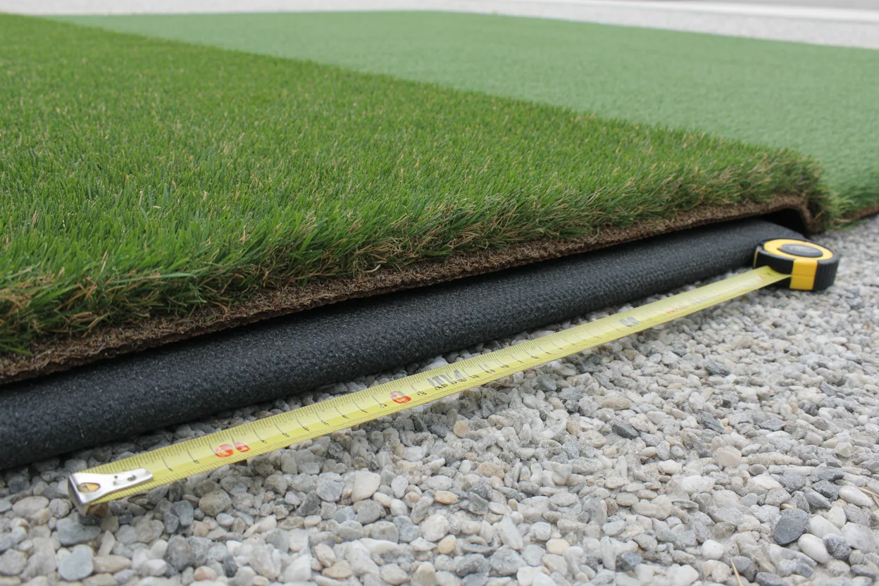 Exposed edge of an artificial turf installation showing base layers and backing