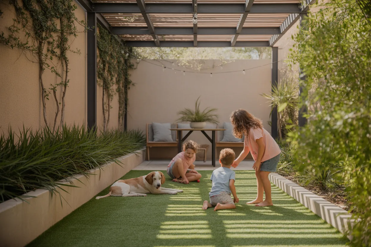 Children and a dog using a synthetic turf courtyard shaded by a pergola