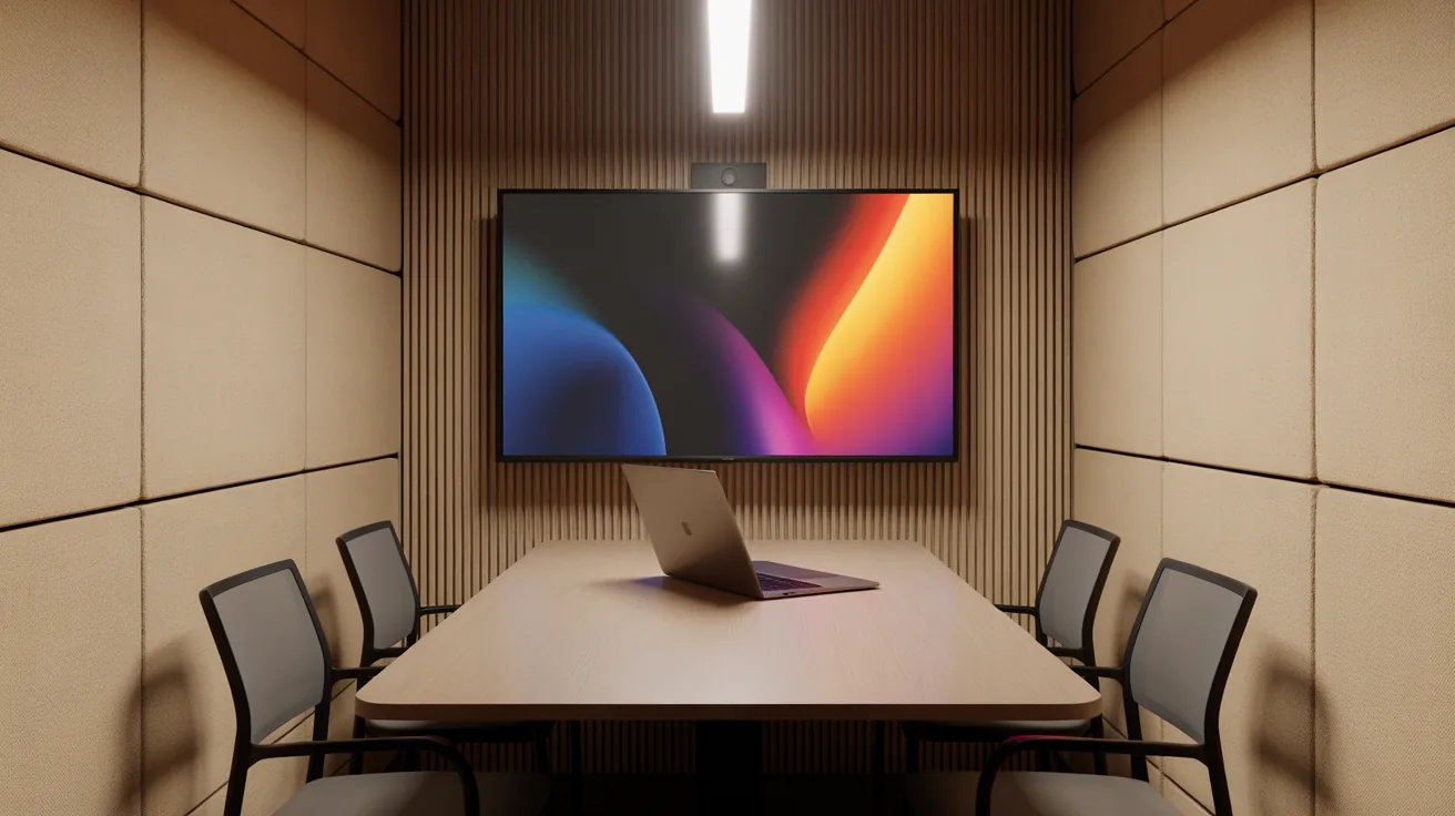 Small meeting room with a wall display and a laptop set up for wireless presenting