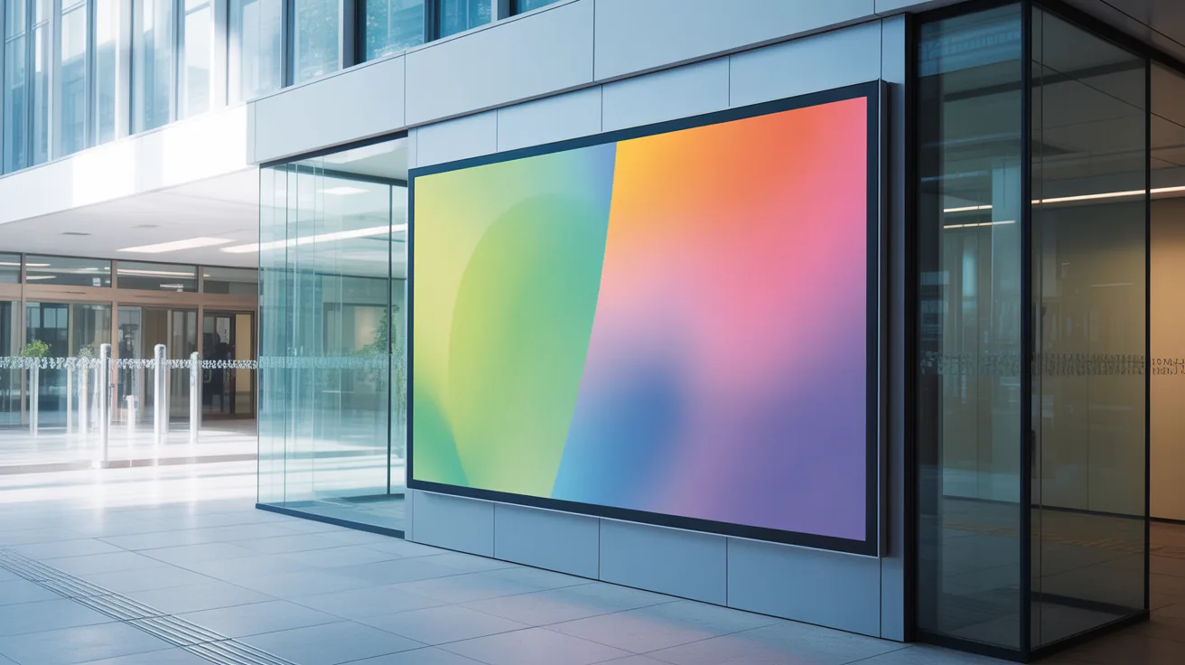 Digital display screen mounted in an office reception area beside a walkway