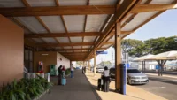 Glulam columns lining the curbside at Doutor Leite Lopes State Airport