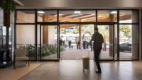 The entrance doors seen from inside Doutor Leite Lopes State Airport
