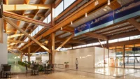 Timber trusses over the concourse at Doutor Leite Lopes State Airport