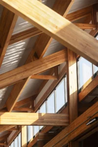 Detail of a glulam truss joint at Doutor Leite Lopes State Airport
