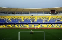 The goal and the lettered stand at Ester Roa Rebolledo Municipal Stadium