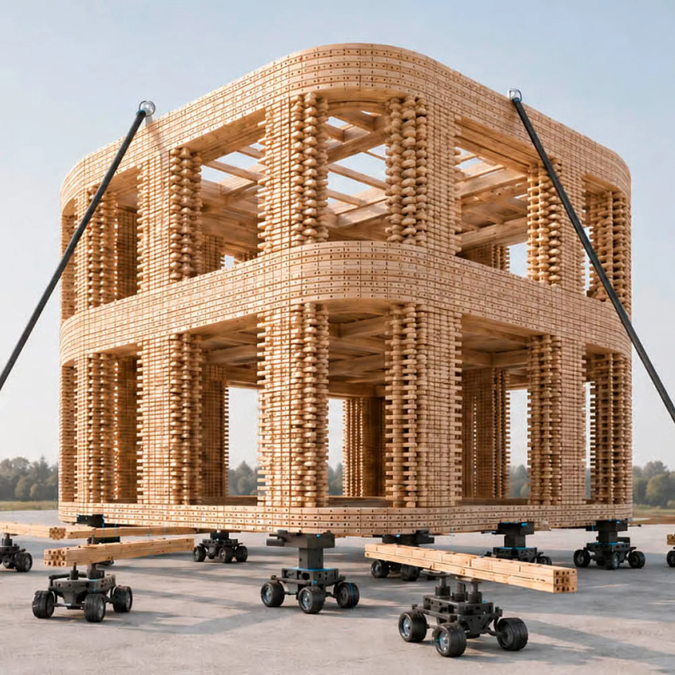 Close-up render of a wooden latticed building frame suspended by cables above small robotic wheeled units