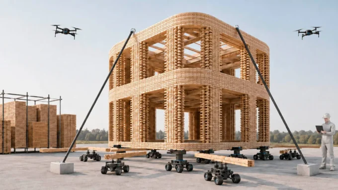 Foster + Partners to Test Robot Swarms Building Timber from the Top Down