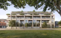 Long concrete facade with deep balconies and trees seen across the lawn of Fleming Park, 55 Albert Street