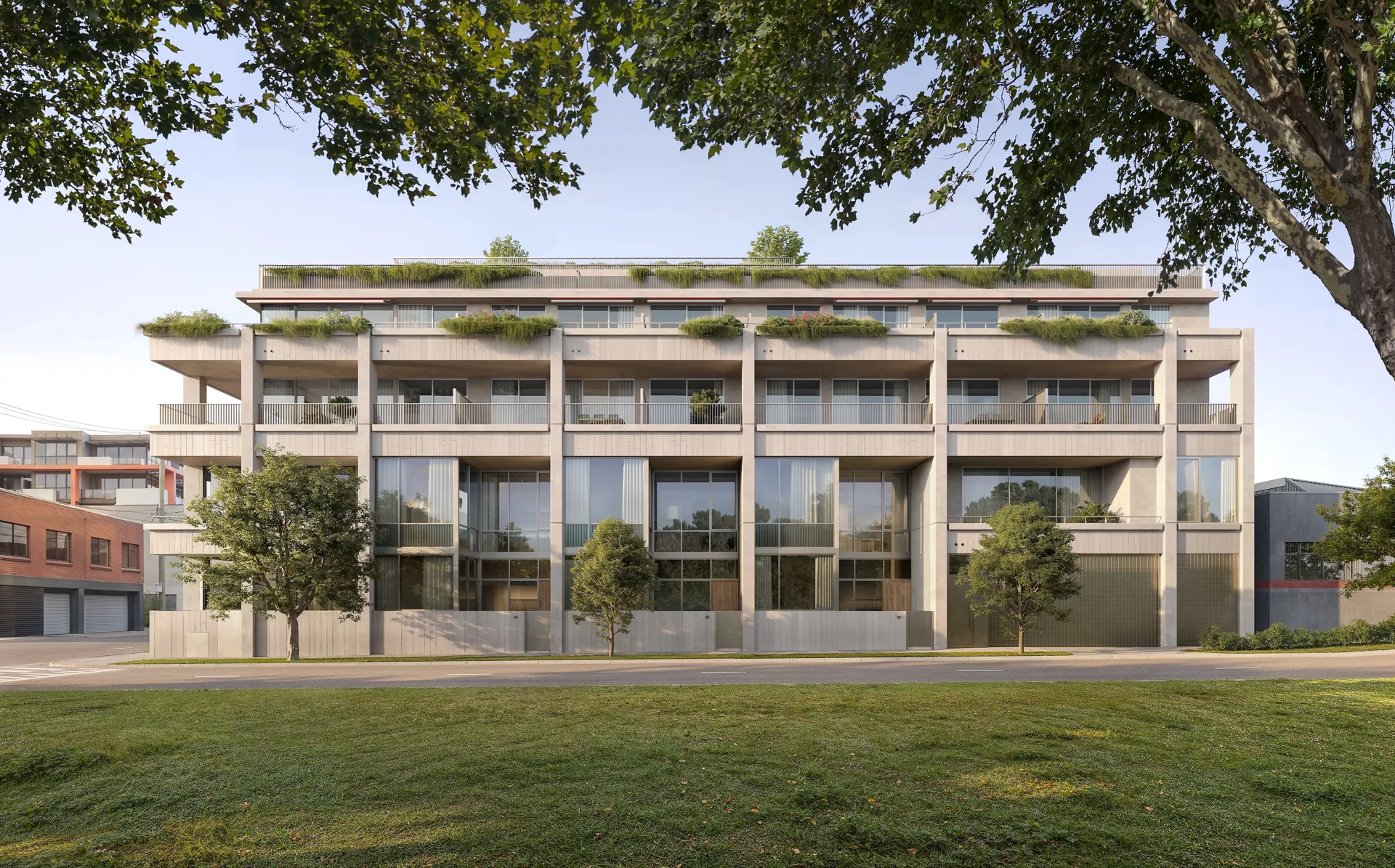 Long concrete facade with deep balconies and trees seen across the lawn of Fleming Park, 55 Albert Street