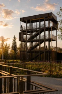 The four storey steel lookout tower at sunset, seen from a raised wooden deck
