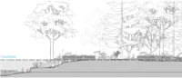 Section drawing of the riverbank showing the elevated platforms above the flood level