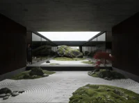 Rendering of the central courtyard with raked gravel, moss mounds and a large boulder framed by glass walls, Casa Paisaje by TAP Arquitectura