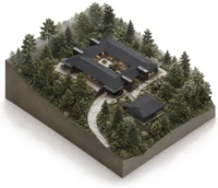 Axonometric view of the courtyard house and a separate pavilion on a wooded site block, Casa Paisaje by TAP Arquitectura
