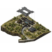 Exploded axonometric showing the roof lifted above the courtyard plan on the sloping forest site, Casa Paisaje by TAP Arquitectura
